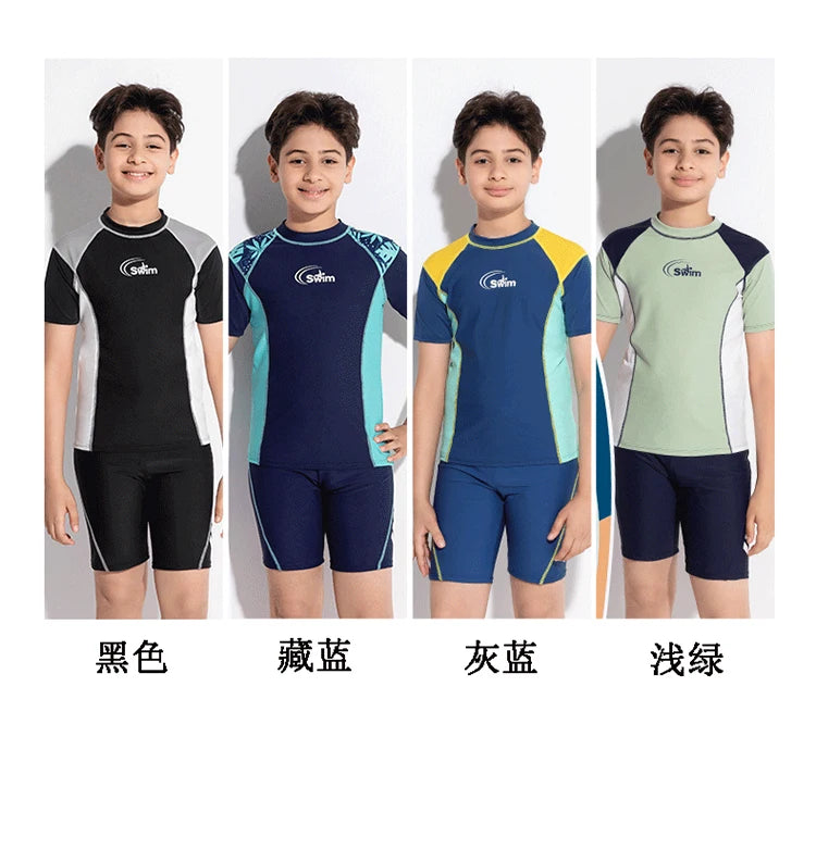 Boy Swimwear Short Shirt Two Piece Short Sleeve Solid Patchwork Teenager Children Kids Swimming Beach Wear 2024 9-16 years