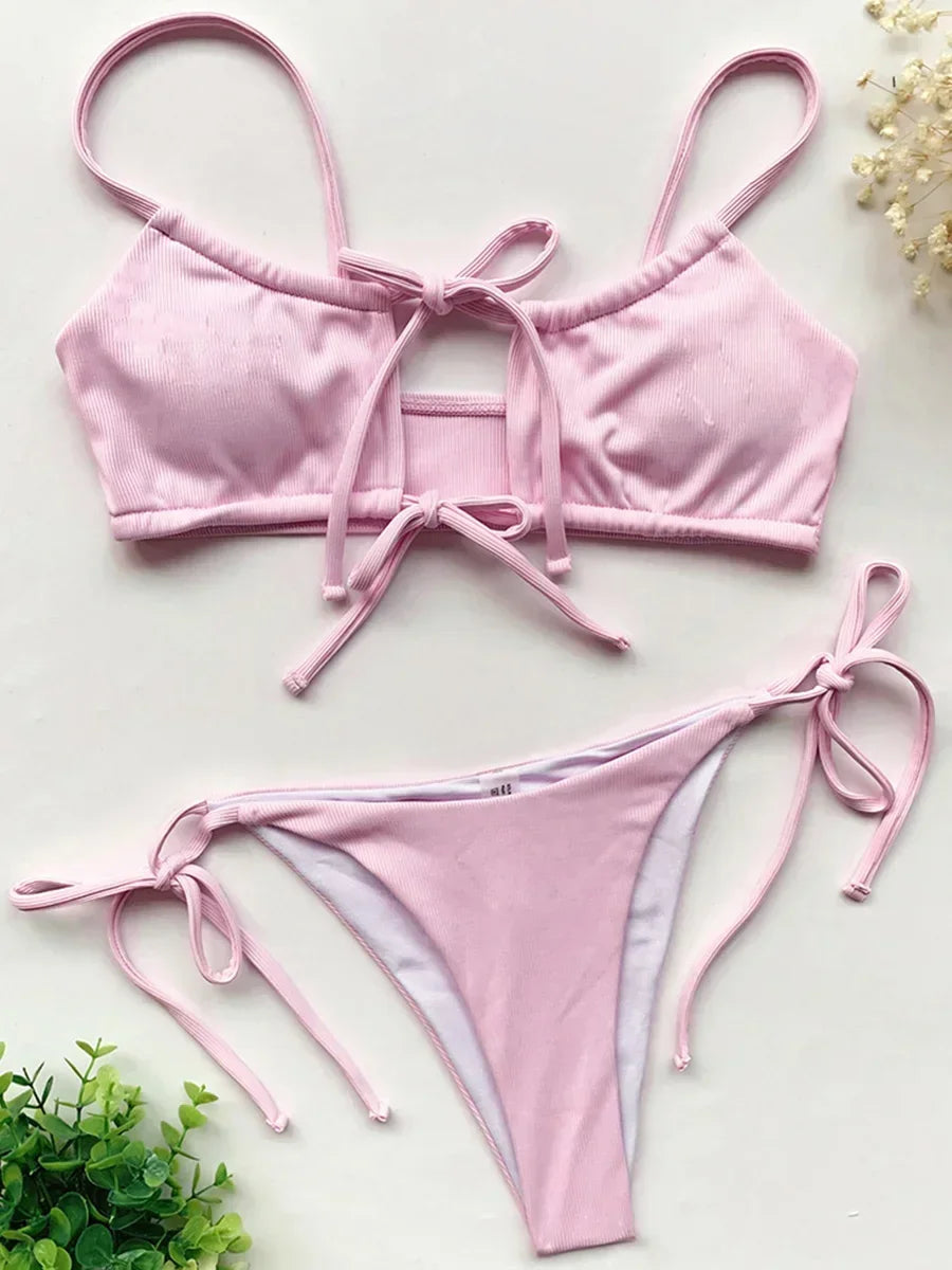 Strappy Lace Up Ribbed Bikini Women Swimwear Female Swimsuit Two-piece Bikini set Hollow Out Bathing Suit Swim