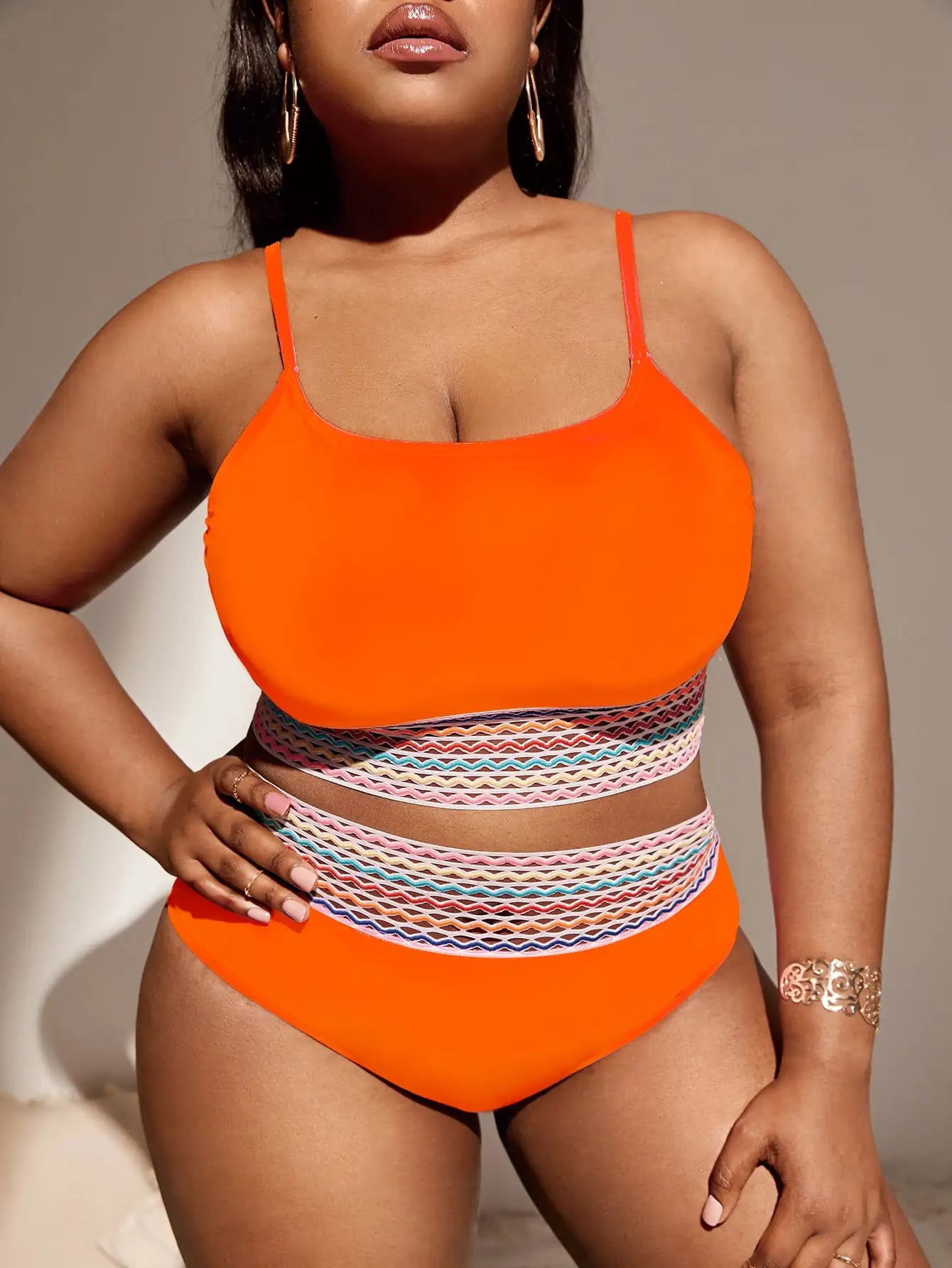 Orange Contrast Trim Swimsuit Women Plus Size Swimwear Female High Waist Bathers Bathing Swimming Suit Summer Beachwear