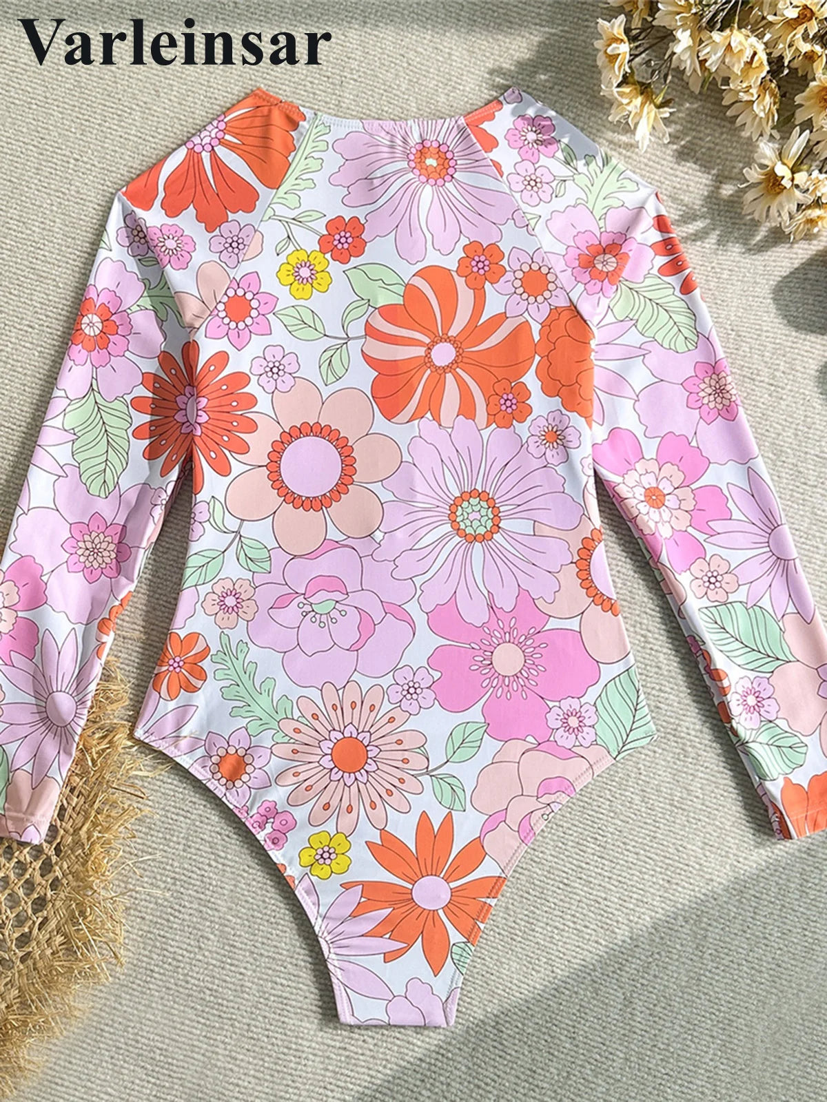 ash Guard Flowers Printed Long Sleeve One Piece Swimsuit Women Swimwear Female With Zipper Wrinkled Bather Bathing Suit Swim