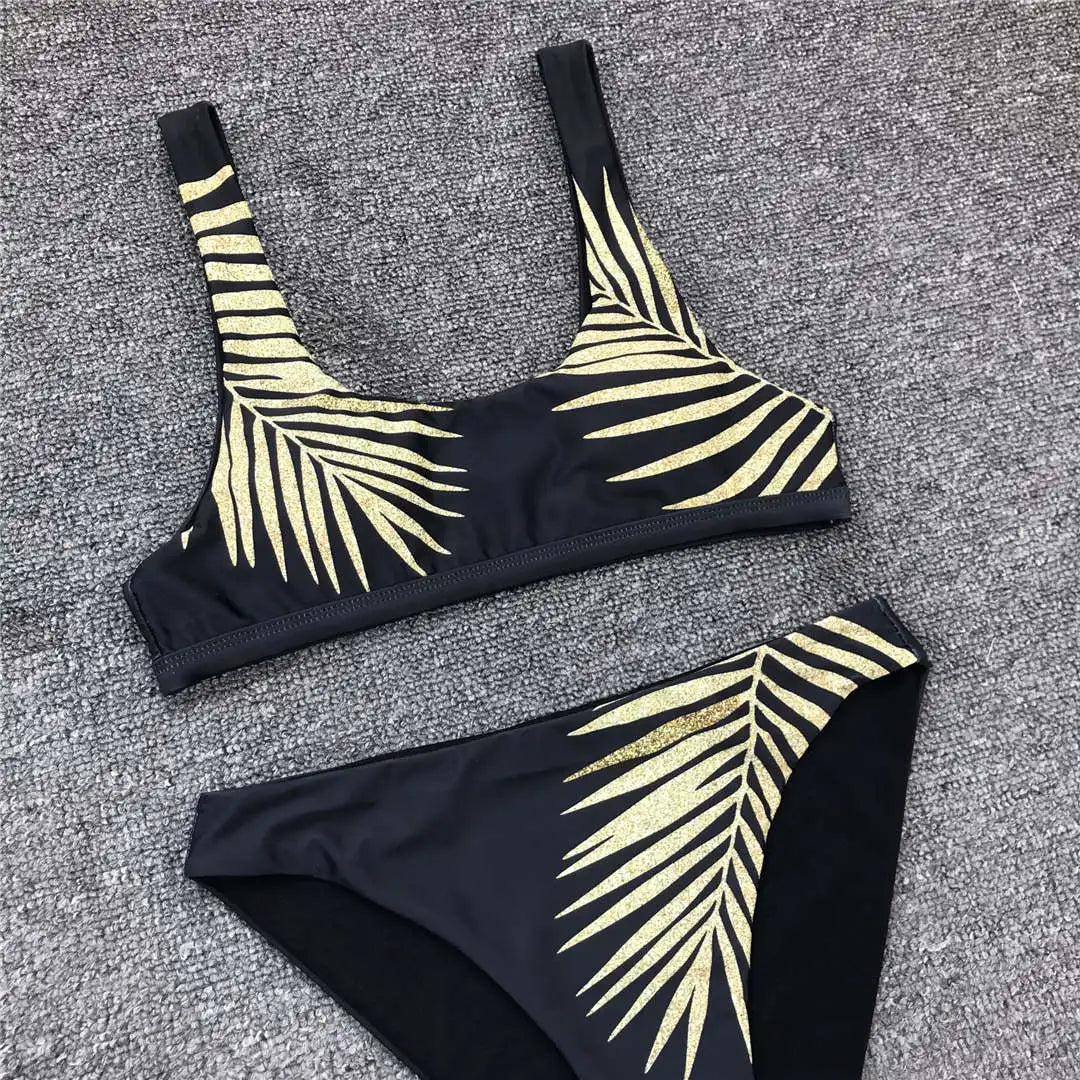 Leaves Printed Female Swimsuit High Waist Bikini Women Swimwear Two-pieces Bikini set Bather Bathing Suit Swim