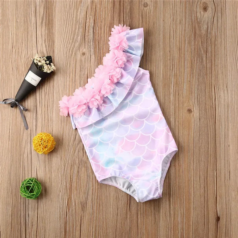 Baby Girls Bathing Suit Sleeveless Fish Scale Print Swimsuit Ruffle Flower Neckline Swimwear