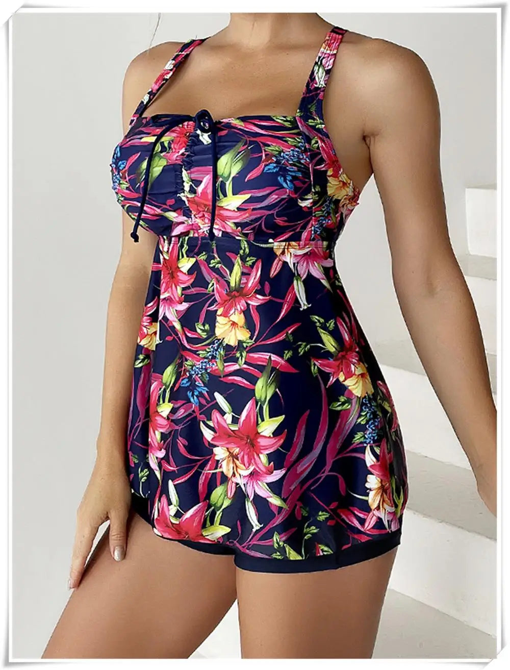 Drawstring Tankini Set Two Piece Swimsuit Short Women Floral Printed Swimwear Female Bathing Suit Beachwear Swimming