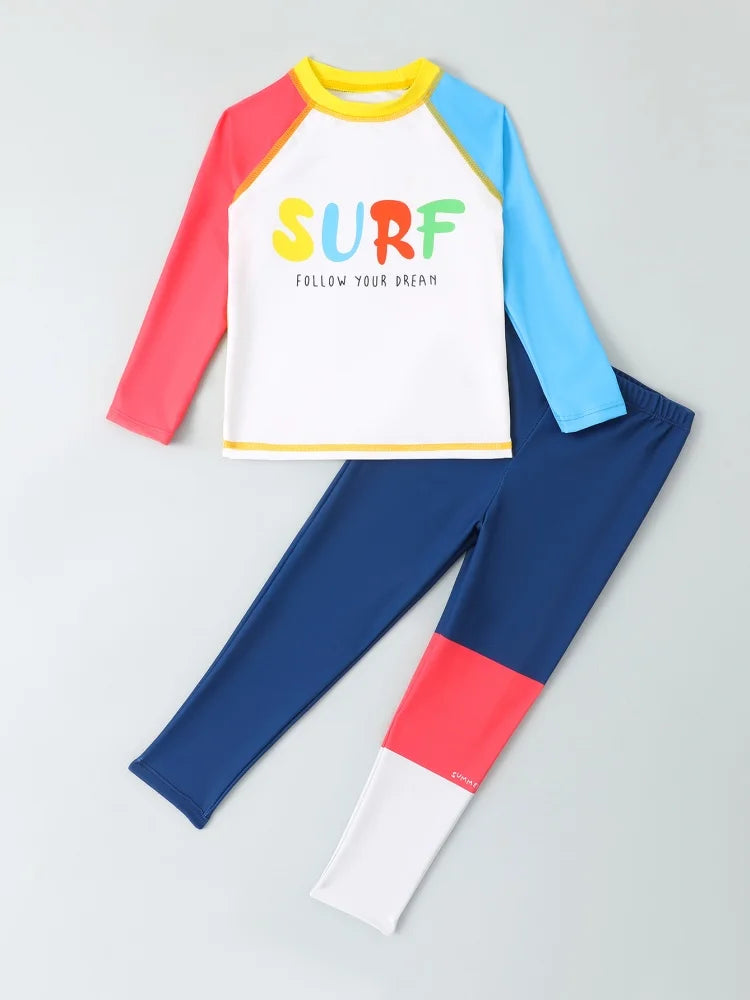 Boy Kids Swimsuit Solid Letter Long Sleeves Trousers Children Swimwear Summer Two Piece Beachwear Bathing Suit Swimming