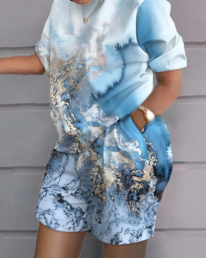 Women Casual Short Sleeve Two Piece Sets Womens Outifits Summer Letter Printed Pocket Suit Female T-shirt Shorts Matching Sets