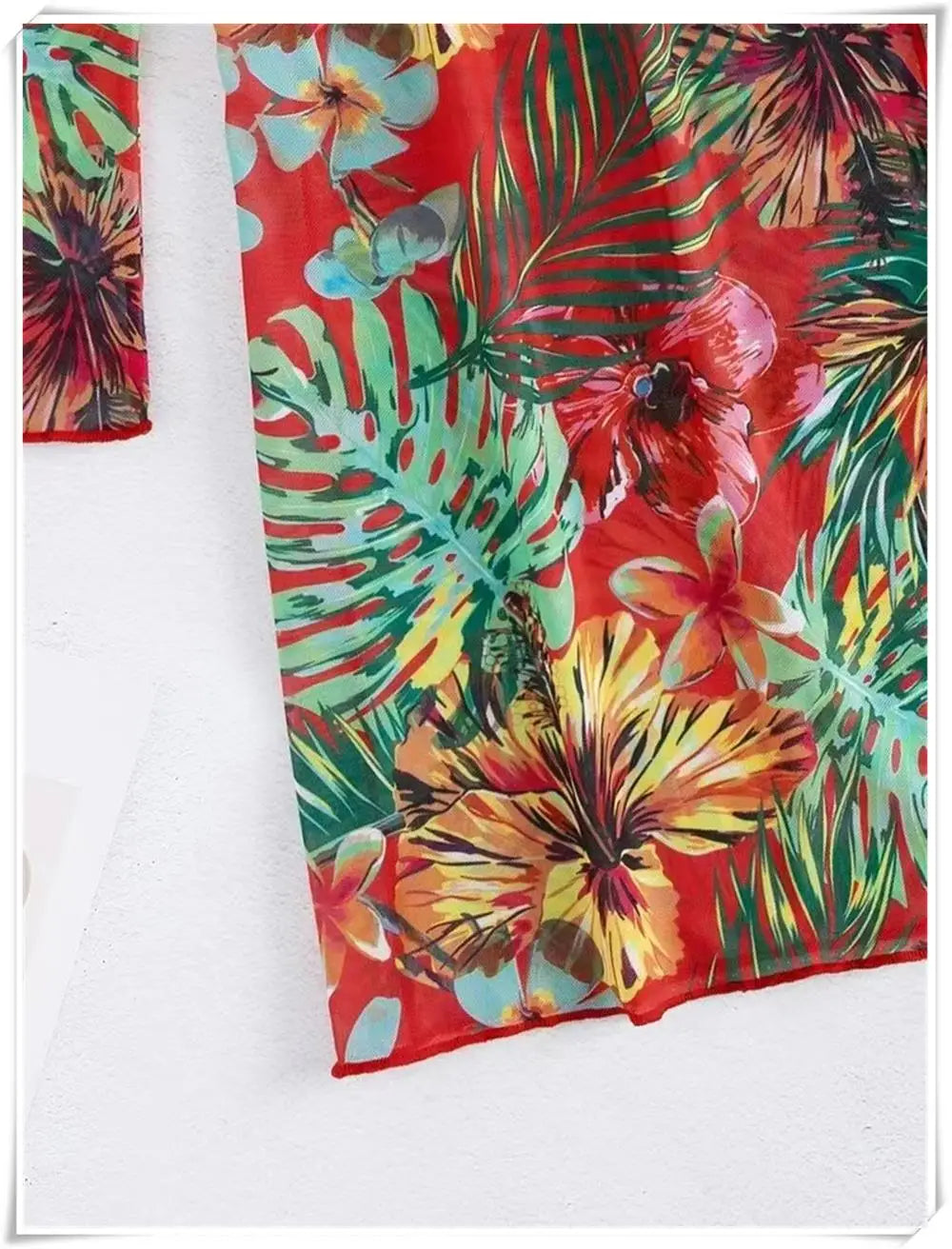 3 Piece Bikini Set Women Cover Up Swimwear Female Tropical Printed Swimsuit Push Up Beachwear Long Sleeve Bathing Suit