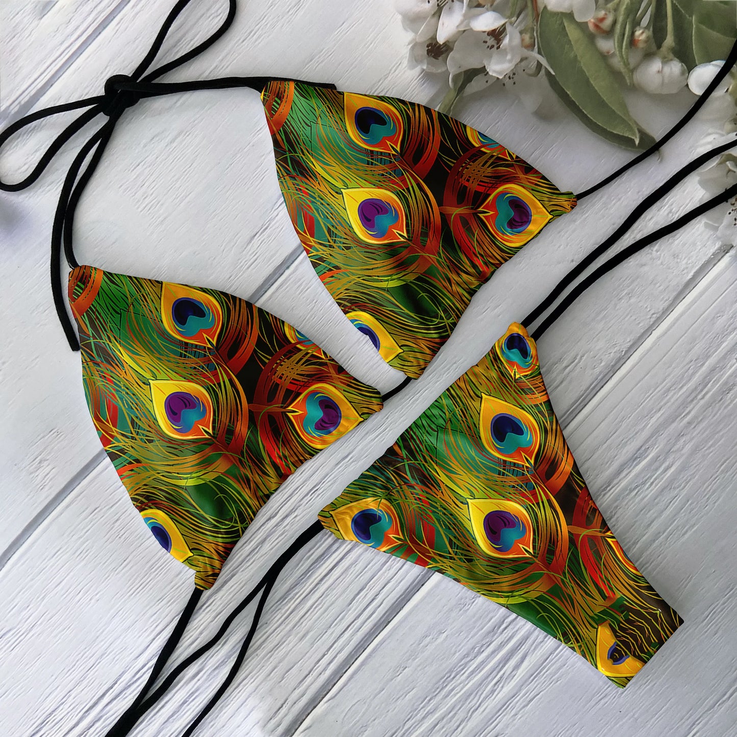 Fashion Ladies Bikini Set 3D Printed Peacock Feather Pattern Split Swimsuit Deep V Lace up Beach Vacation Surfing Swimsuit