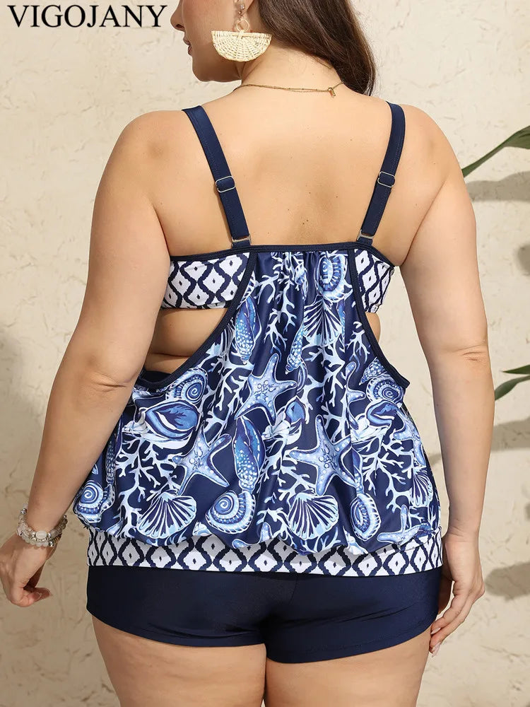 Print Strapped 2 Piece Plus Size Tankini Set Women High Waist Push UP Swimsuit Hollow Backless Bathing Suit