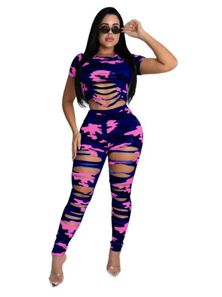 Wmstar Women Two Piece Set Summer Sport Fashion Casual Ripped Sweatshirt Sweat Camouflage Print Pant Sets Outfit Tracksuit