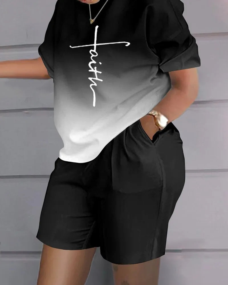 Women Casual Short Sleeve Two Piece Sets Womens Outifits Summer Letter Printed Pocket Suit Female T-shirt Shorts Matching Sets