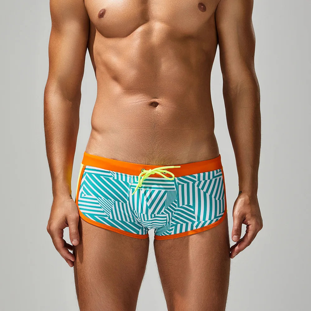 Men's Flat Angle Swimming Trunks for Hot Spring Soaking Nylon Fabric Adult Male Swimwear with Striped Pattern