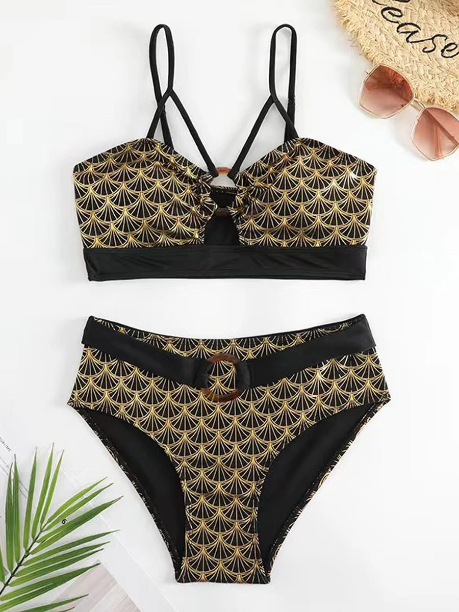 Metallic Stitch Strap Bikini Women Push Up Gold print Swimsuit Female High Waist Swimwear Bathers Bathing Suit Beachwear