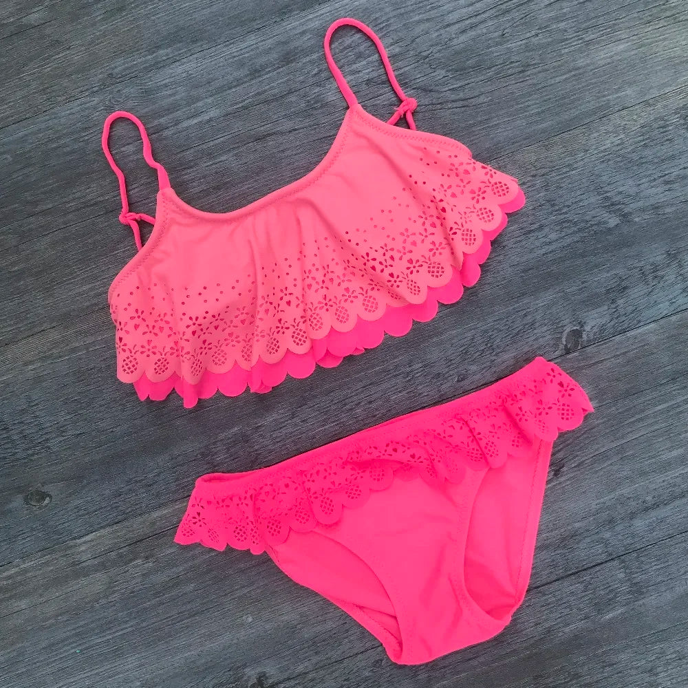 Girl Swimsuit Biquini Two Pieces Swim Suits Children Split Hollow Falbala Bikini Sets Children Swimwear Kids Bathing Suit