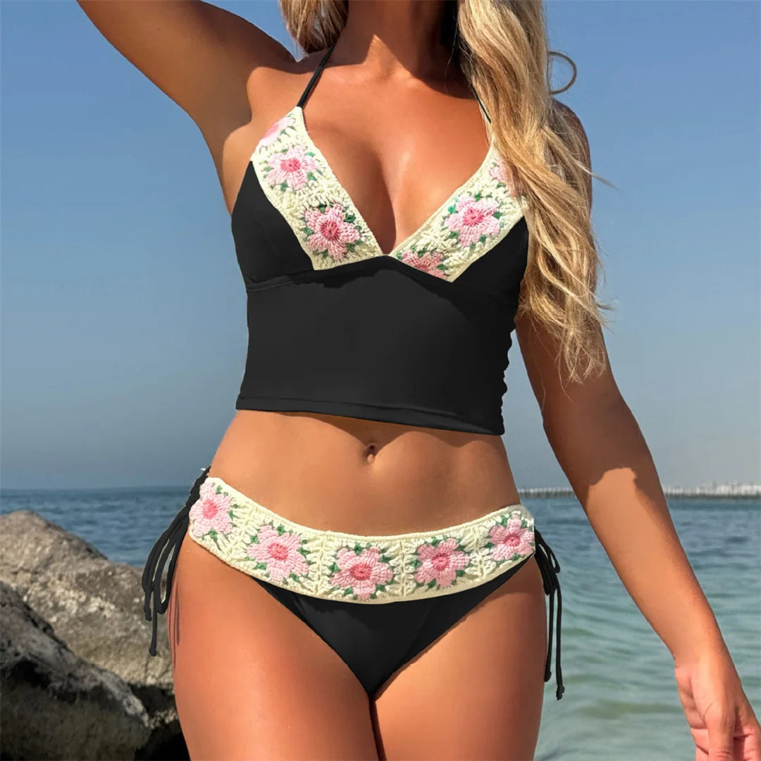 Flowers Printed V Neck Halter Bikini Female Swimsuit Women Swimwear Two-pieces Bikini set Padded Bather Bathing Suit Swim