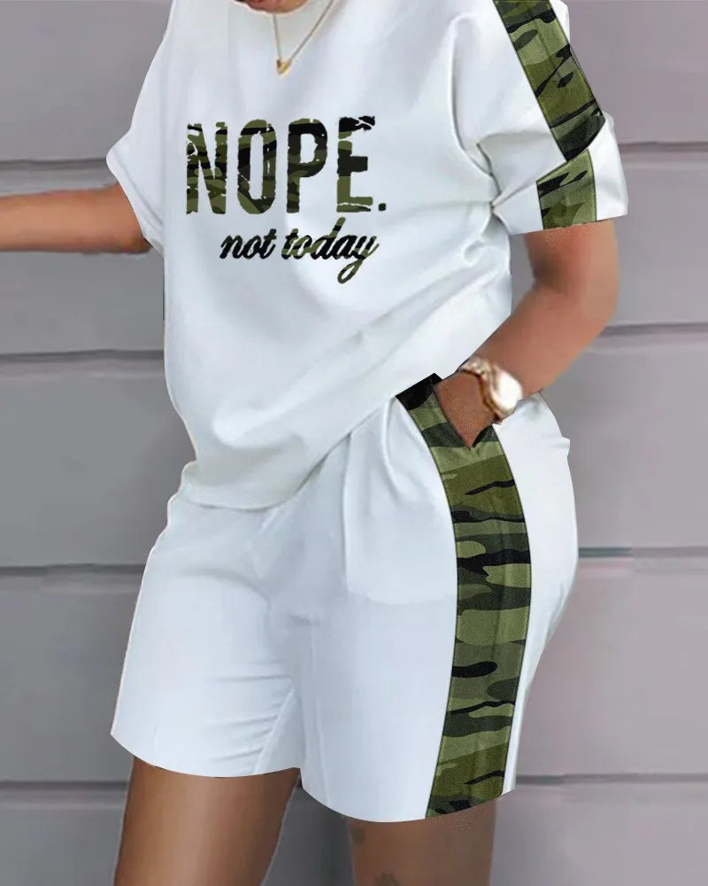 Women Casual Short Sleeve Two Piece Sets Womens Outifits Summer Letter Printed Pocket Suit Female T-shirt Shorts Matching Sets