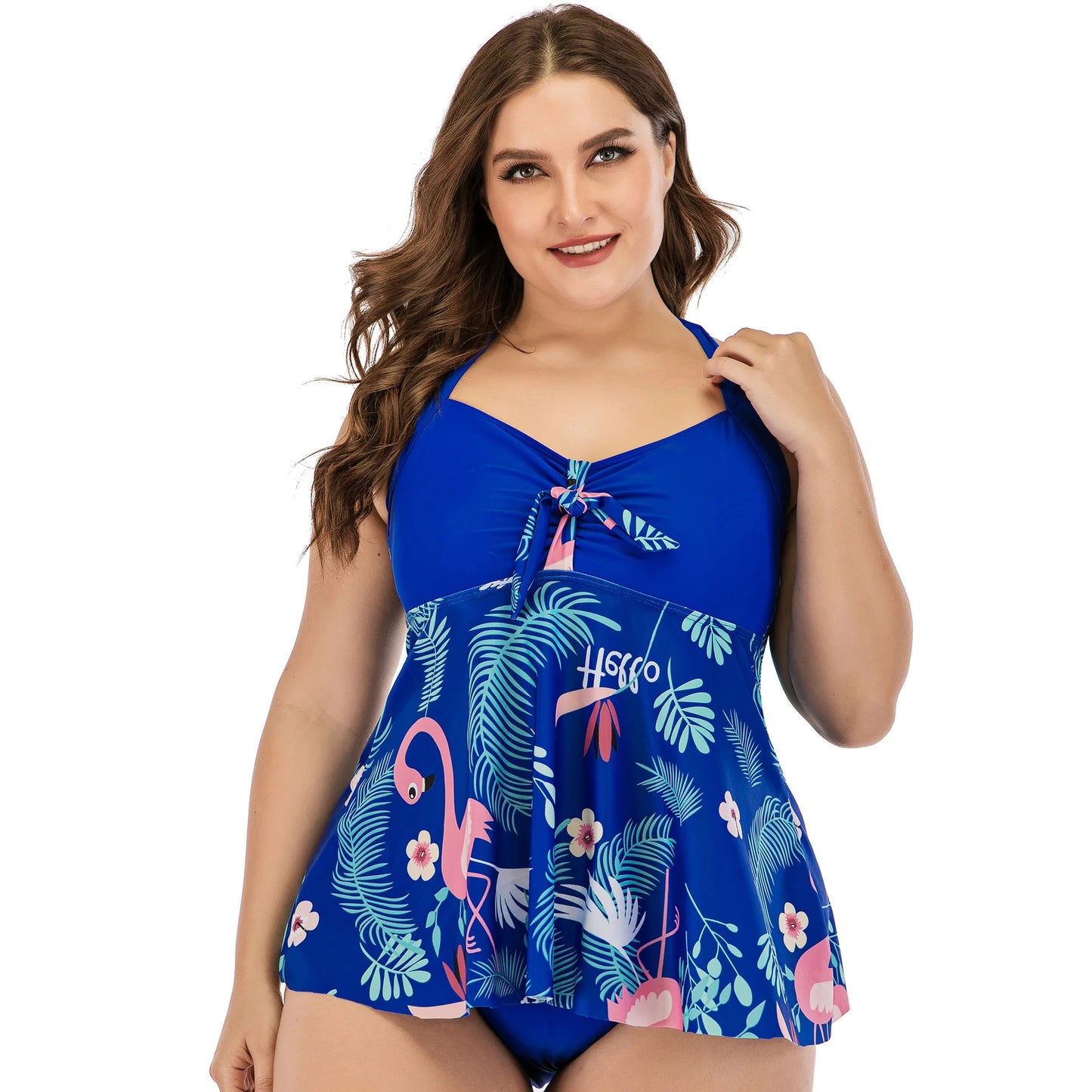 Flaming Tropical Print 2 Piece Plus Size Tankini Set Women Halter Curvy Dress Swimsuit High Waist Beach Lady Big Bathing Suit