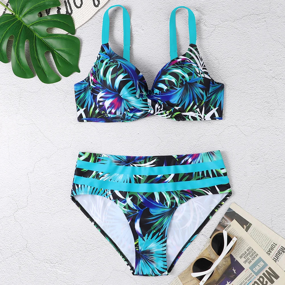 Push Up Bikini Set Women Printed Swimsuit Mid Waist Swimwear Female Bathers Swimming Bathing Swim Suit Beachwear