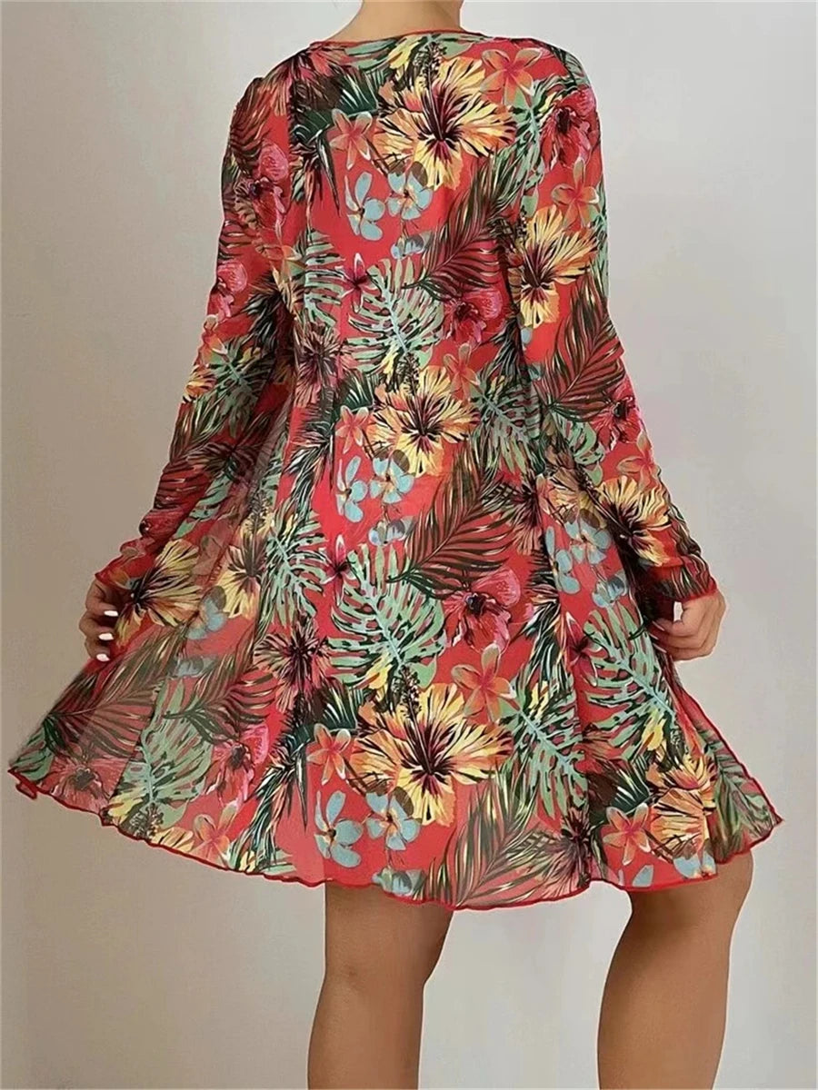 3 Piece Bikini Set Women Cover Up Swimwear Female Tropical Printed Swimsuit Push Up Beachwear Long Sleeve Bathing Suit