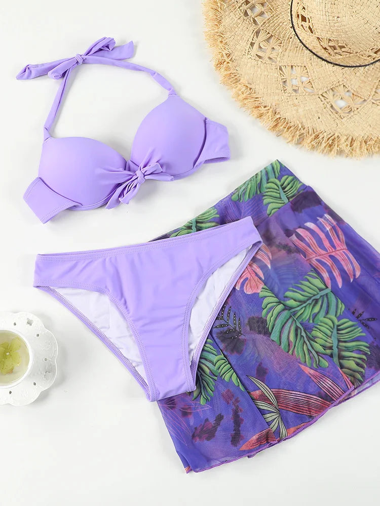 Halter Bikini Swimsuit Push Up Swimwear Bandage Women Plant Print Bath Suit Beach Cover Up Summer