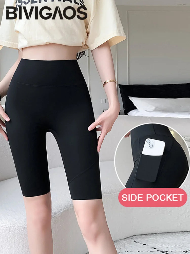 Side Pocket Biker Sharkskin Shorts Leggings Women Summer High Waist Thin Slim Skinny Yoga Running Sport Cycling Shorts