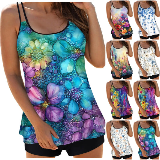 Women's Floral Print Tankini Swimwear Double Stretch Spaghetti Strap Cover Tummy Crew Neck Conservative Tops Slim Tight Shorts