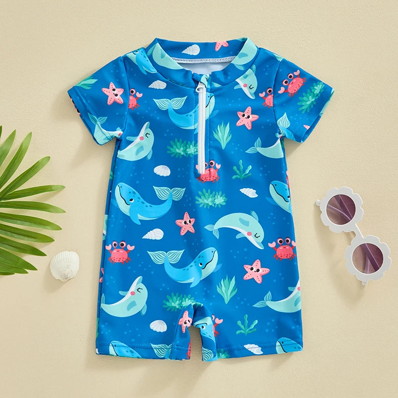FOCUSNORM 2 Colors Summer Baby Boys Beachwear 0-3Y Short Sleeve Turtle Dolphin Print Swimsuit Jumpsuit Summer Swimwear