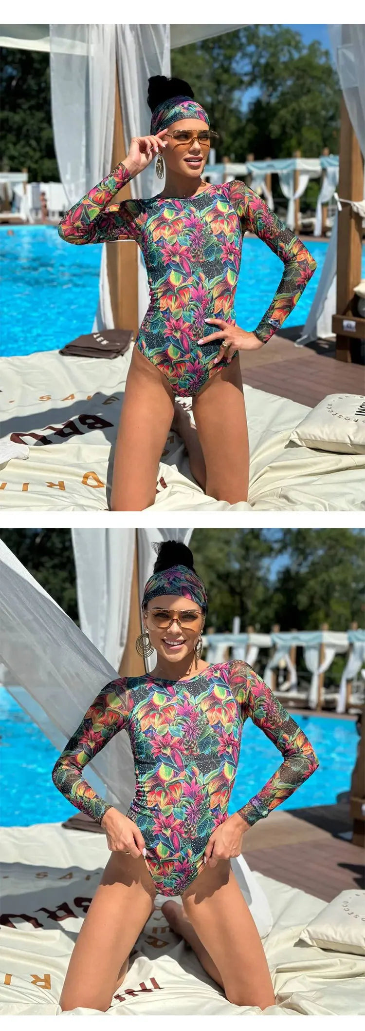 Mesh High Waist Swimsuit Women Summer Bathing Suit Bikini Set Long Sleeve Swimwear Beach Swimming Suit For Female