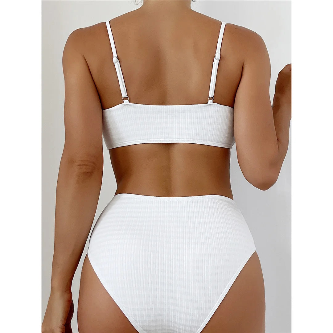 Pearls Ribbed High Waist Bikini Female Swimsuit Women Swimwear Two-pieces Bikini set Padded Bather Bathing Suit Swim Lady