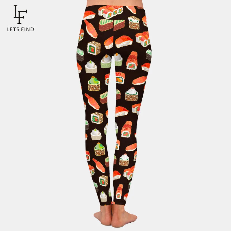 Design 3D Sushi Print Women High Waist Leggings Elastic Workout Fitness Slim Black Leggings