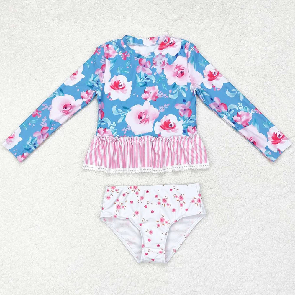 Colourful Designs Baby Girls Swimsuits Long Sleeve One Pieces Swimsuit Summer Fashion Kids Clothes Swimwear Boutique Girls Swim Clothes