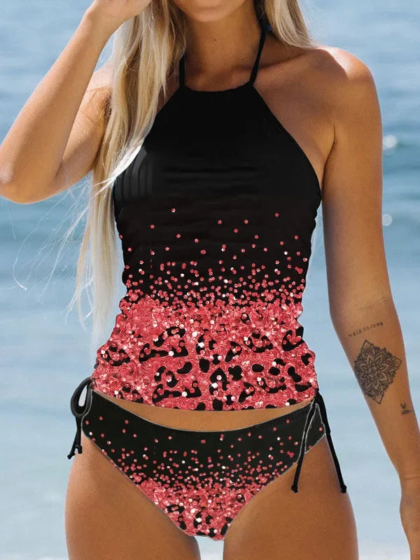 Women's Double Strap Swimsuit Comfortable Vacation Beach Tankini Short Dandelion Print Bikini S-6XL