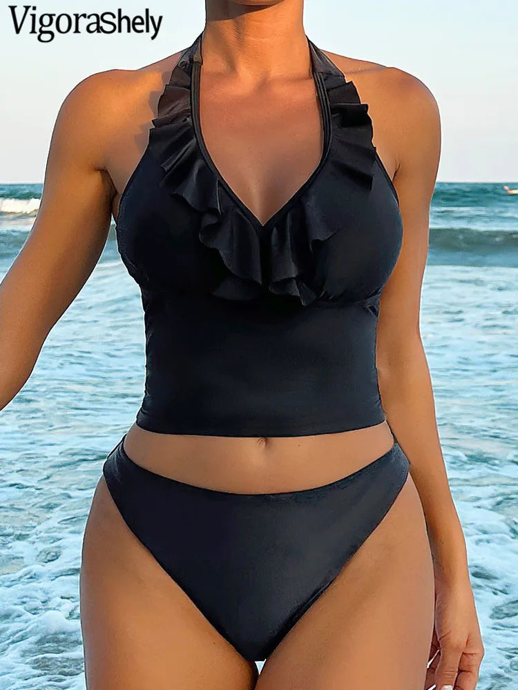 Ruffle Halter Bikini Set Women Solid Push Up Swimsuit Lady Backless Swimwear Brazilian Beach Bathing Suit