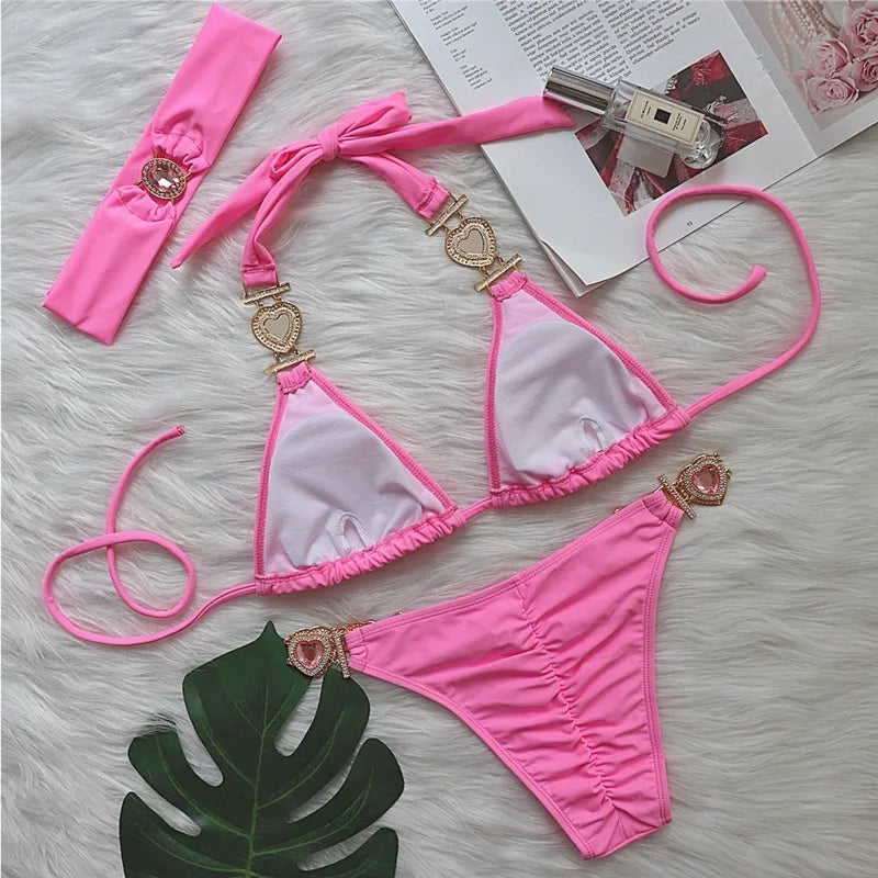 Pink Bikinis Swimsuit With Heart Rhinestones Women Swimwear Female Push Up Bikini Beach Swim Wear Bathing Suits Pool Bather