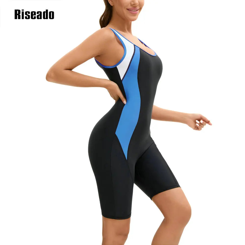 Women's Boyleg One Piece Swimsuit with U Back Athletic Bathing Suit Full Body Cover Knee Length Bodysuits Swimwear for Girls