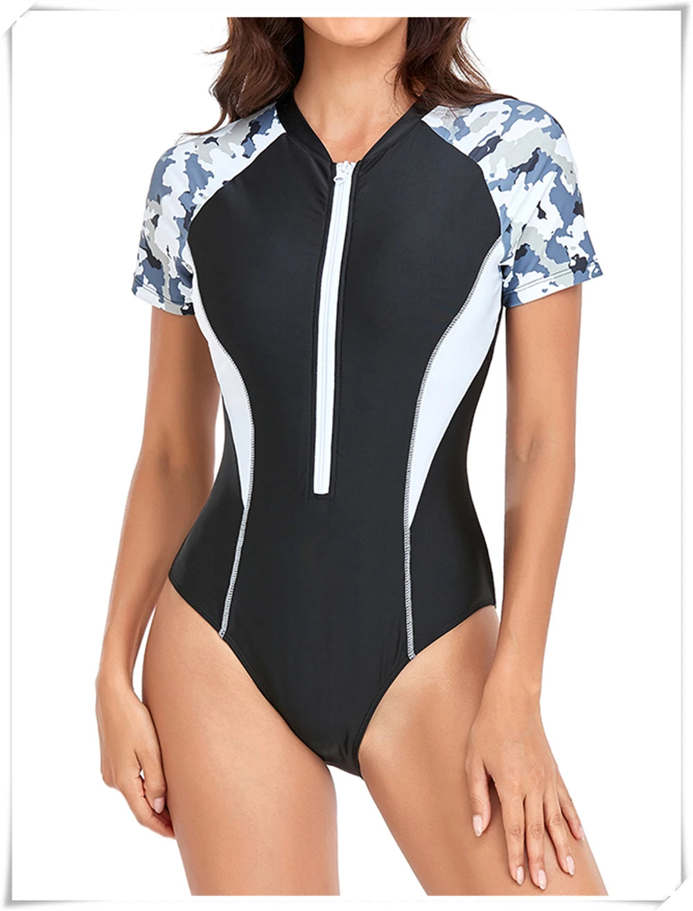Short Sleeve Zipper One Piece Swimsuit Zebra Print Swimwear Women Diving Clothes Surfing Beachwear Bathing Swimming Suit