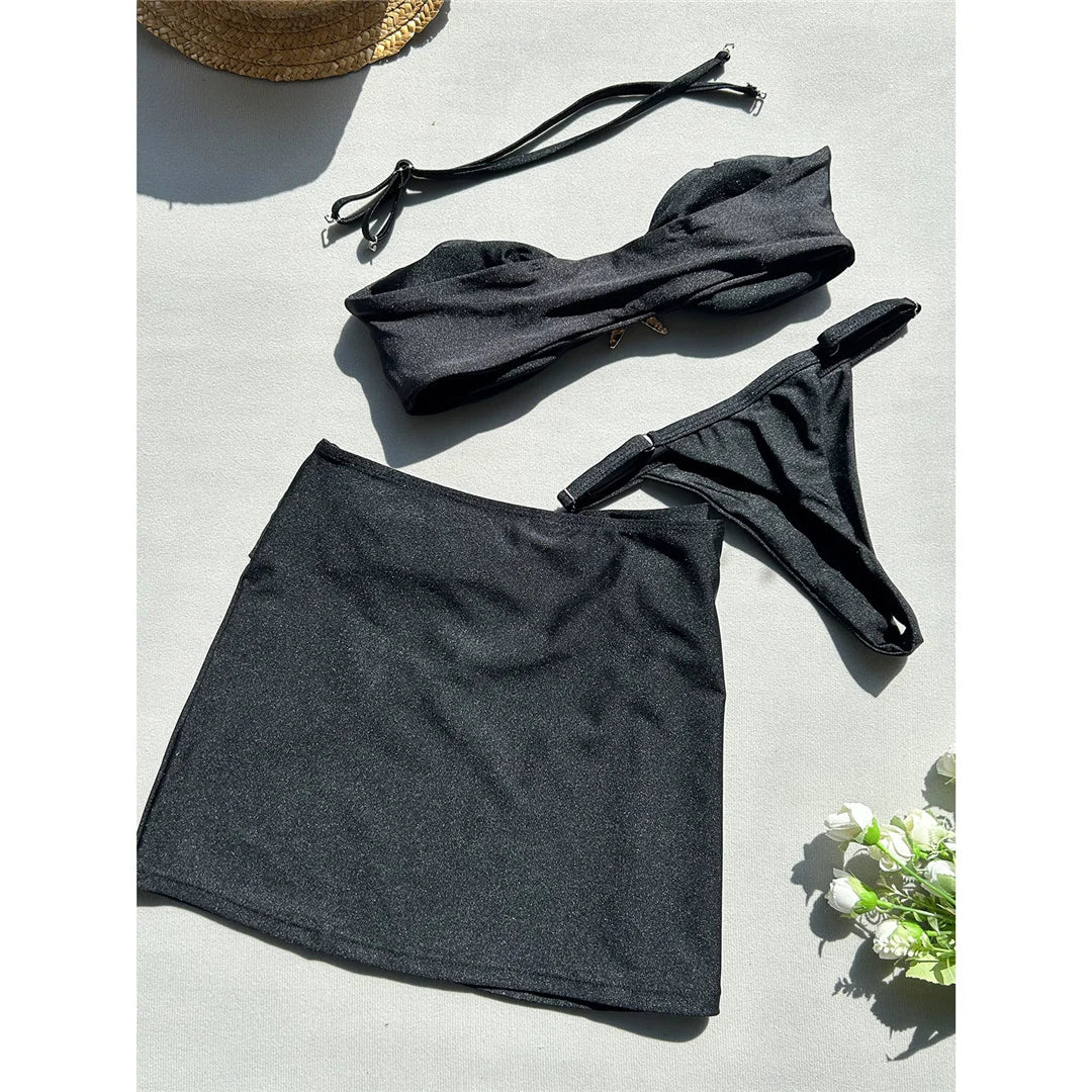 With Skirt Metal Star High Leg Cut Bikini Women Swimwear Female Swimsuit Three-pieces Bikini set Bather Bathing Suit Swim