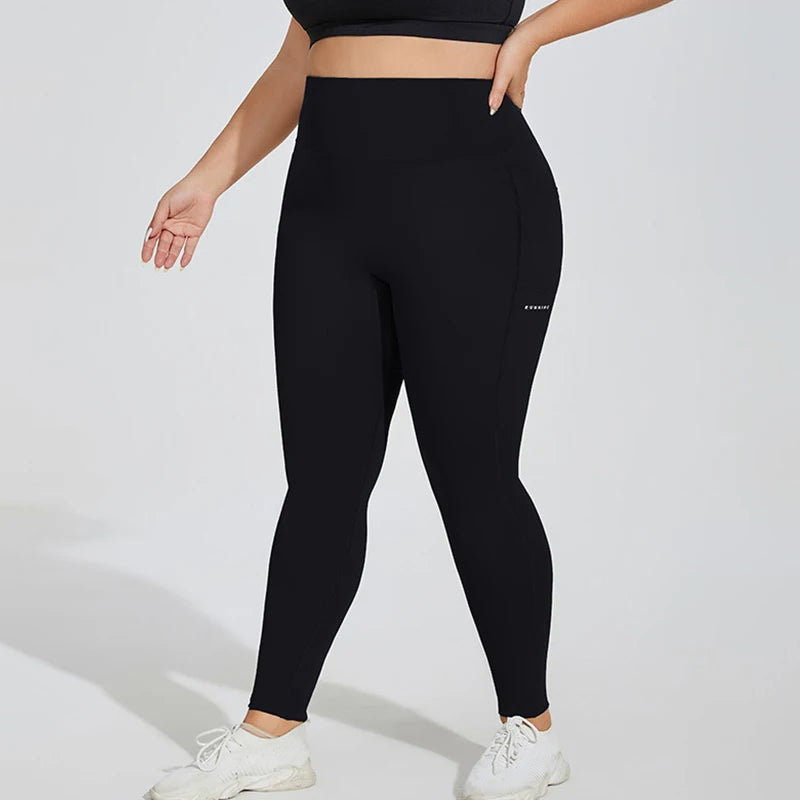 XL~4XL Gym Leggings Yoga Oversized Women's Pants Two Side Pockets Tight Breathable Elastic High Waist Womens Clothing