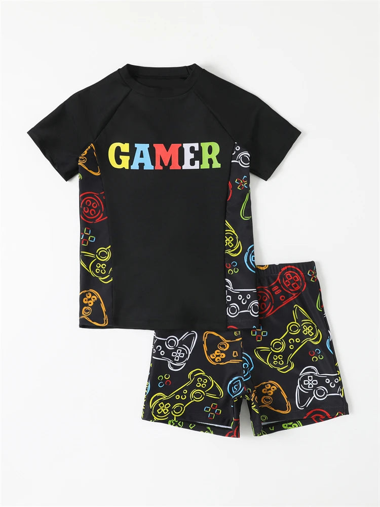 Boy Swimsuit Graffiti Print Short Sleeve Children Swimwear Summer Two Piece Kids Beach Wear Swimming Bathing Suit Boys