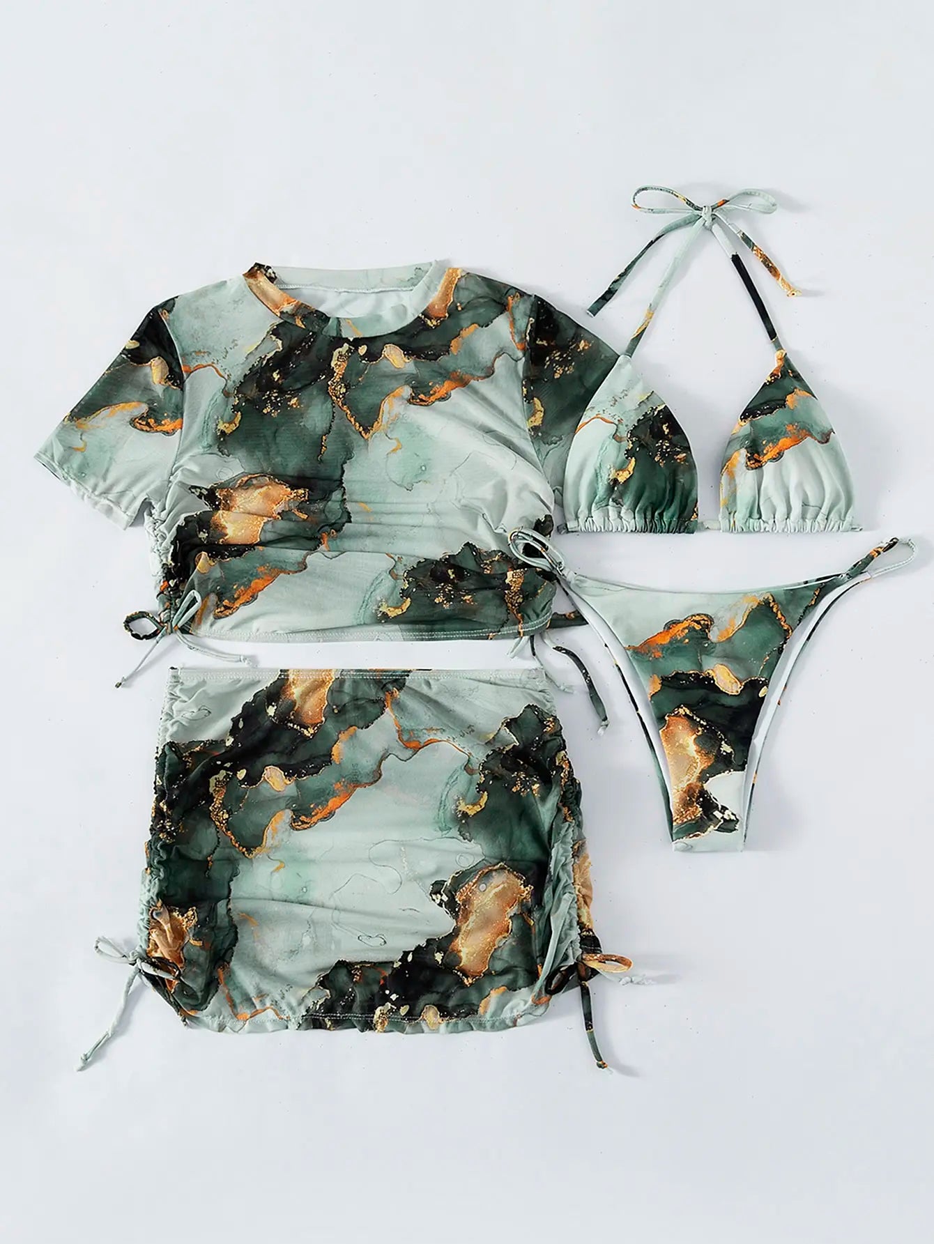4 Pieces Halter Bikini Swimsuit With Marble Print Cover Up Swimwear Female Beachwear Bathing Swimming Suit Women Summer