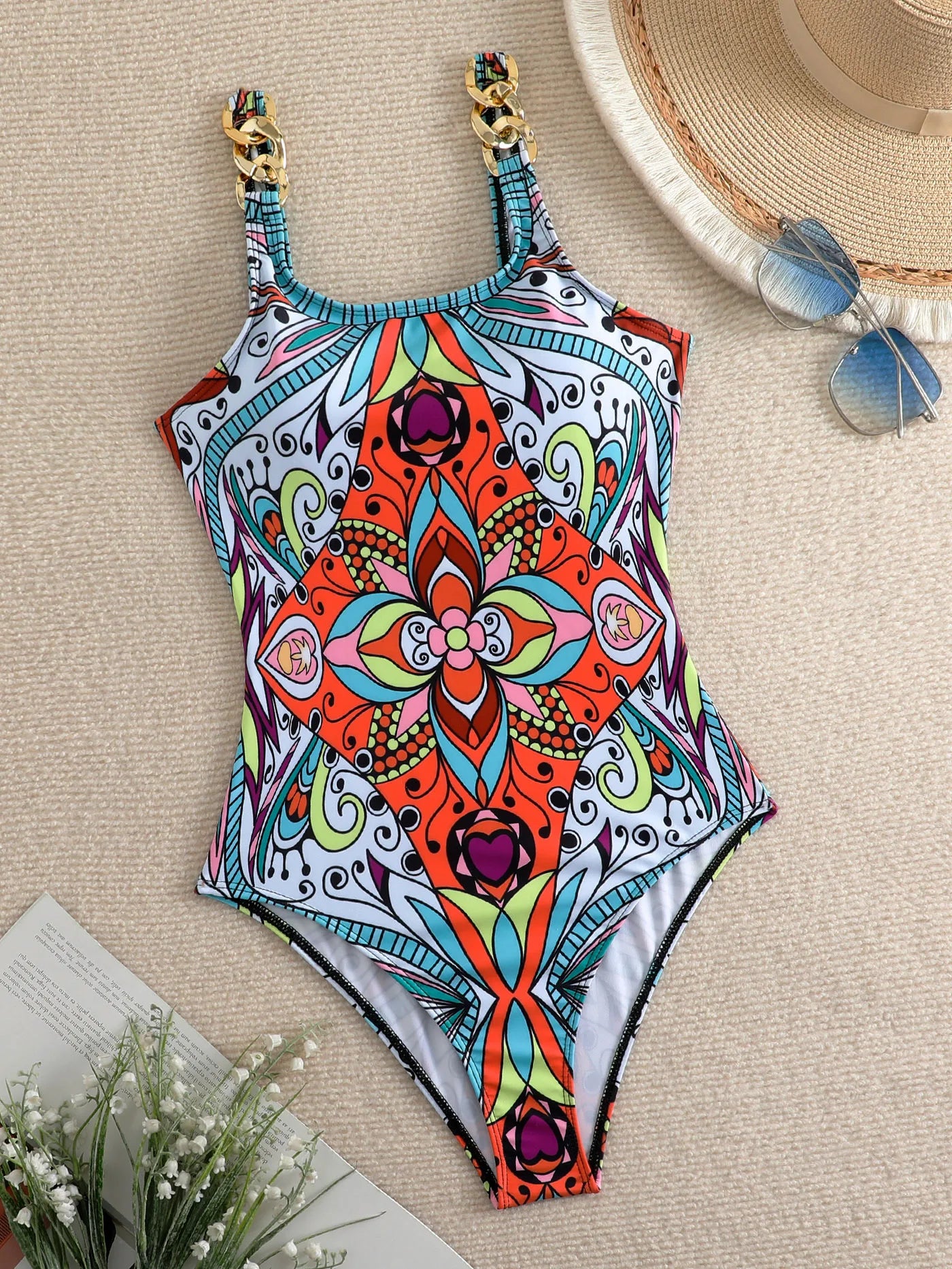 Pink Patterns One-Piece Swimsuit Swimwear Women Metal Strap Push Up Tummy Control Beach Wear