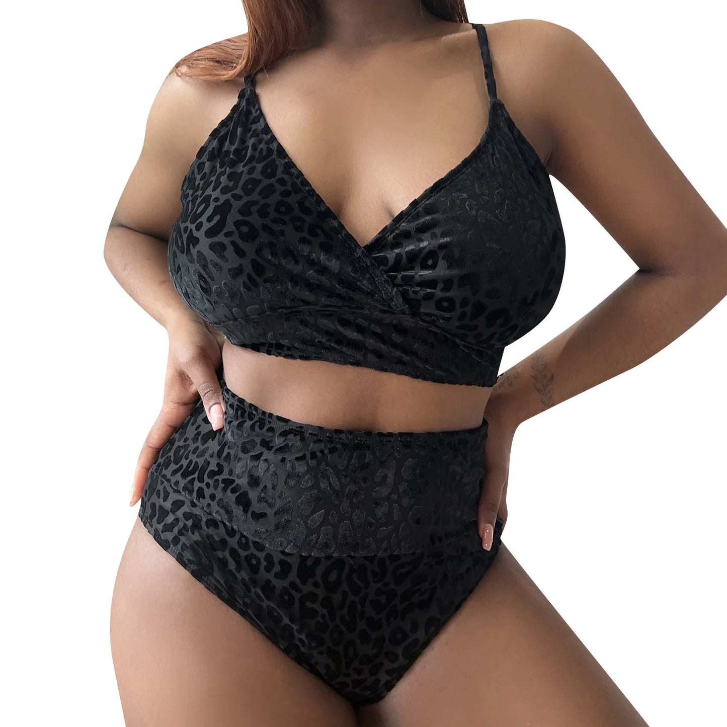 Women's Plus Size Bikini Set Leopard Printed Back Lace Up Strap High Waist Swimsuit Summer