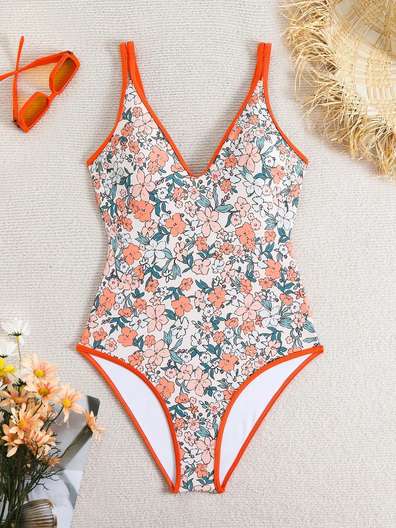 One Piece Swimsuit For Women Orange Floral printed Swimwear Female Bodysuit Monokini Beachwear Backless Bathing Suit