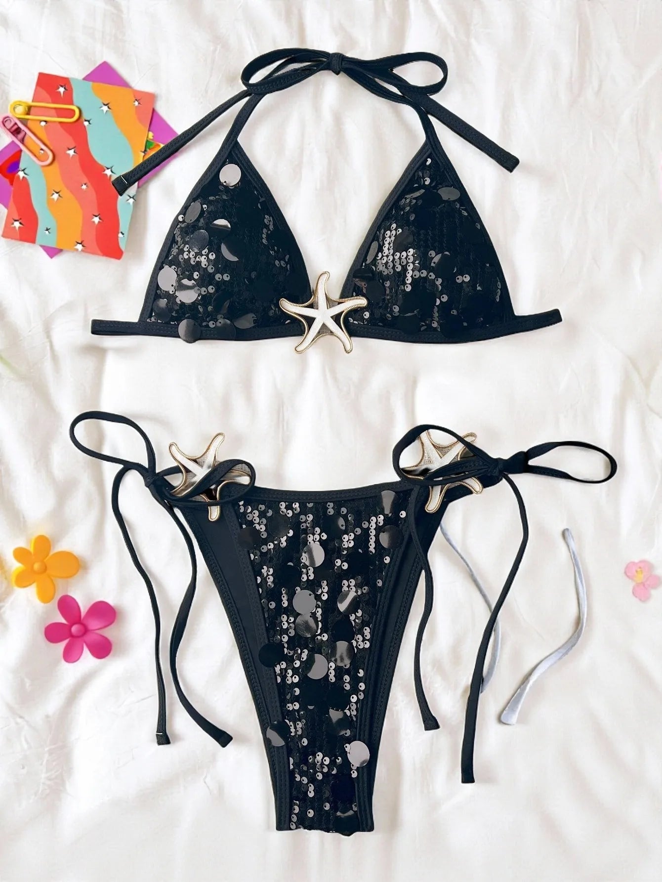 Shiny Sequin Black Micro Bikini Women Starfish Push Up Bra Holiday Swimsuit Beach Bathing Suit Tie Side Thong Swimwear