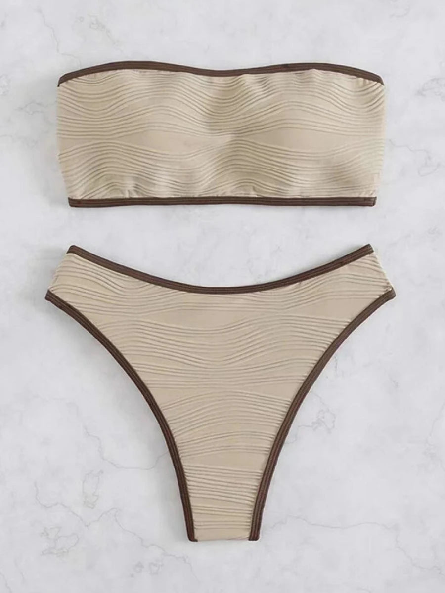 Bandeau High Waist Bikini Women Triangle Swimsuit Stitch Detail Swimwear Padded Bathing Suit Female Solid Beachwear