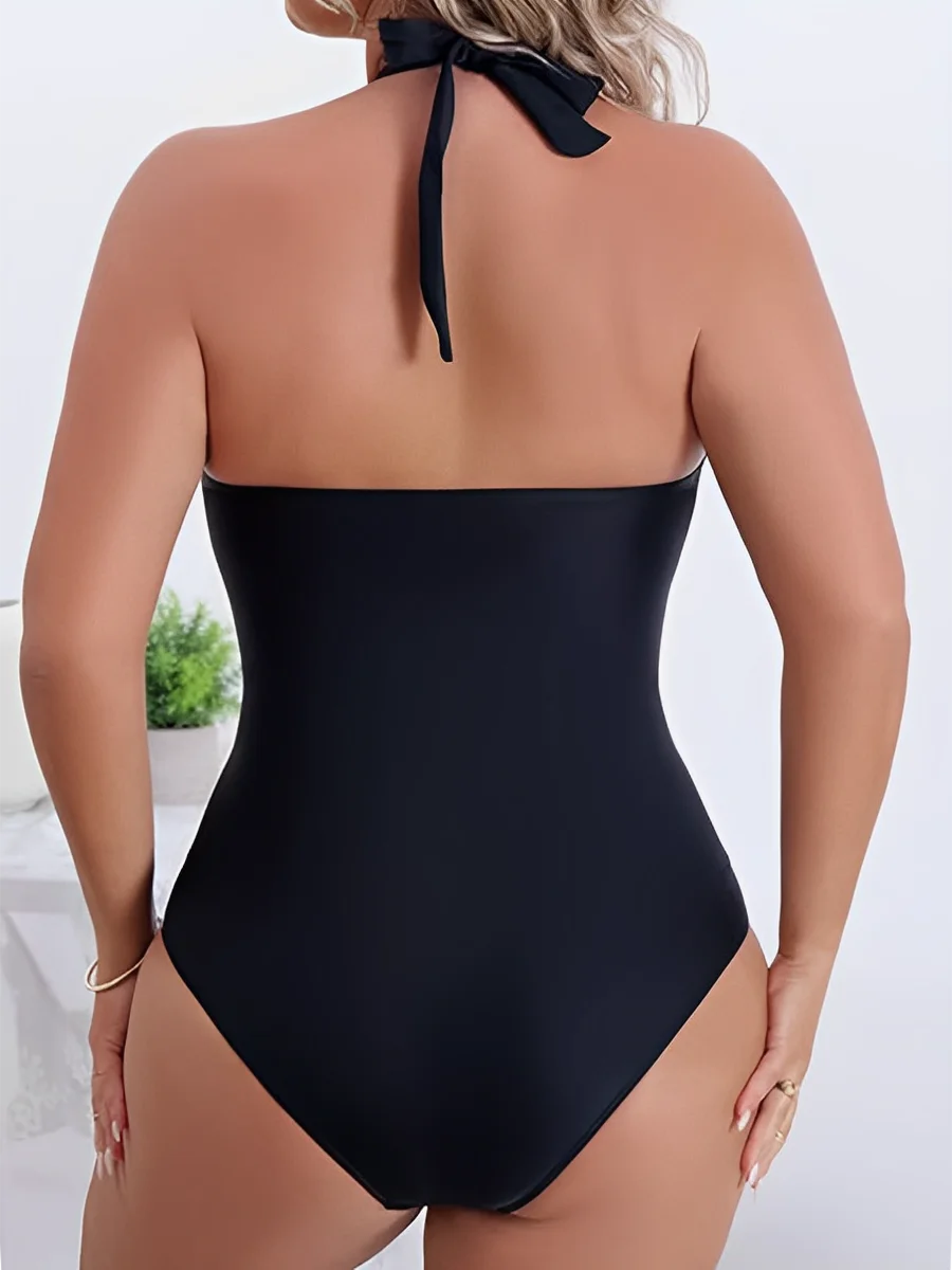 Halter Hollow Out Swimsuit Women Frill One Piece Vintage Swimwear Female Beachwear Bathers Bathing Swimming Swim Suit