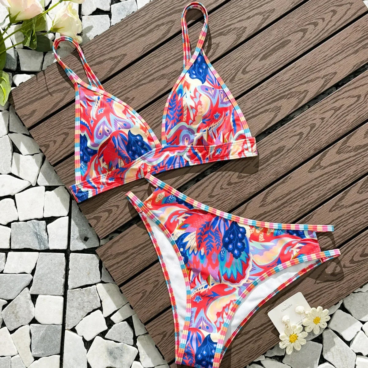 Women's Open-Back Binding Printed Bikini Swimwear Arrival From Europe And America Fashionable Beachwear
