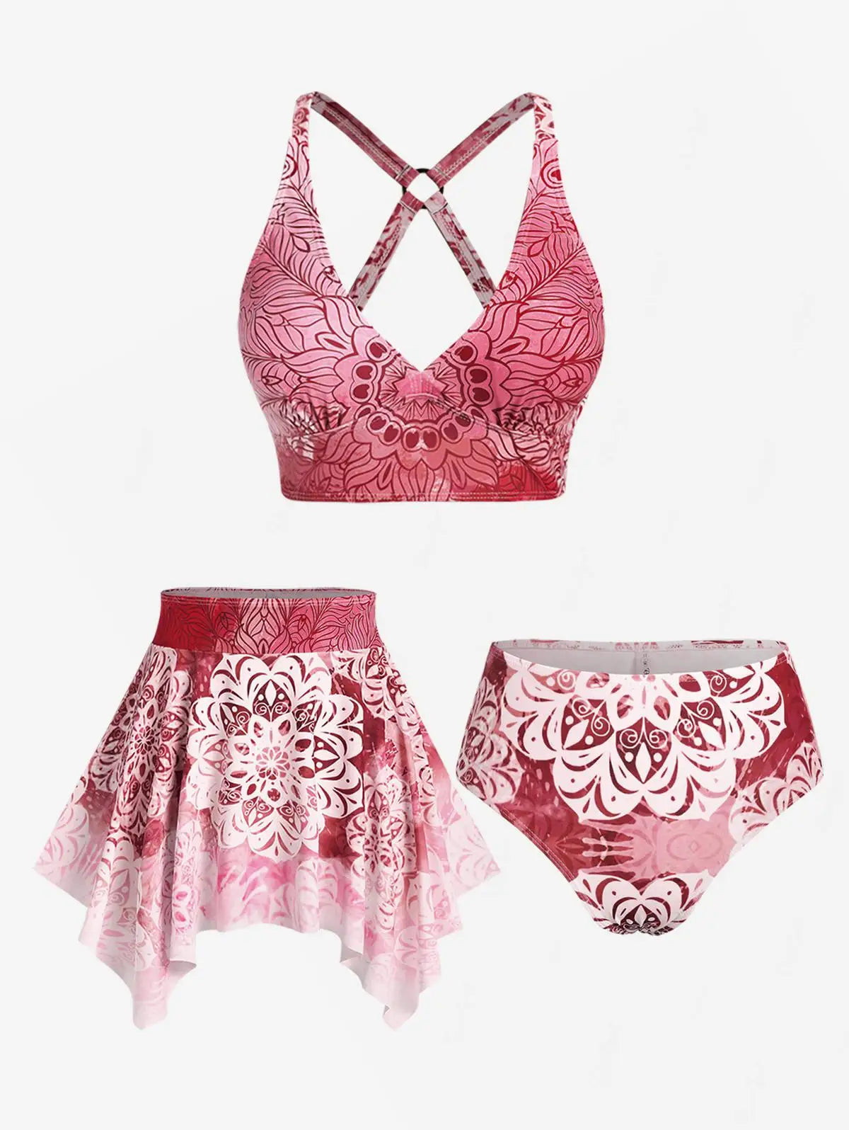 Plus Size Women's Three-Piece Padded Tankini Swimsuit Stripe Colo block Bikinis Set, Or Purple Ethnic Printed Swimwear