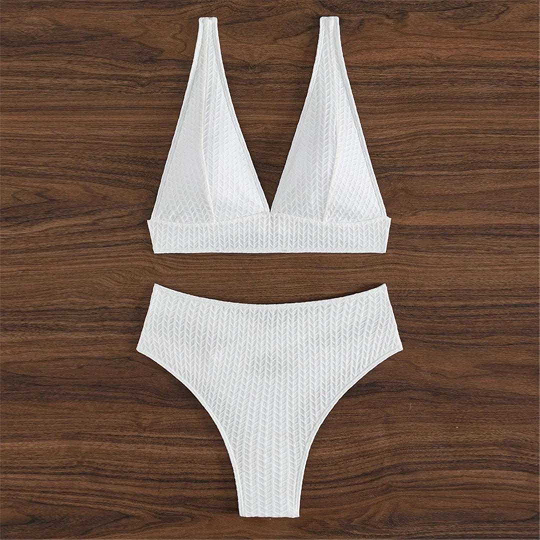 XS - L Wrinkled V Neck High Waist Bikini Female Swimsuit Women Swimwear Two-pieces Bikini set Bather Bathing Suit Swim