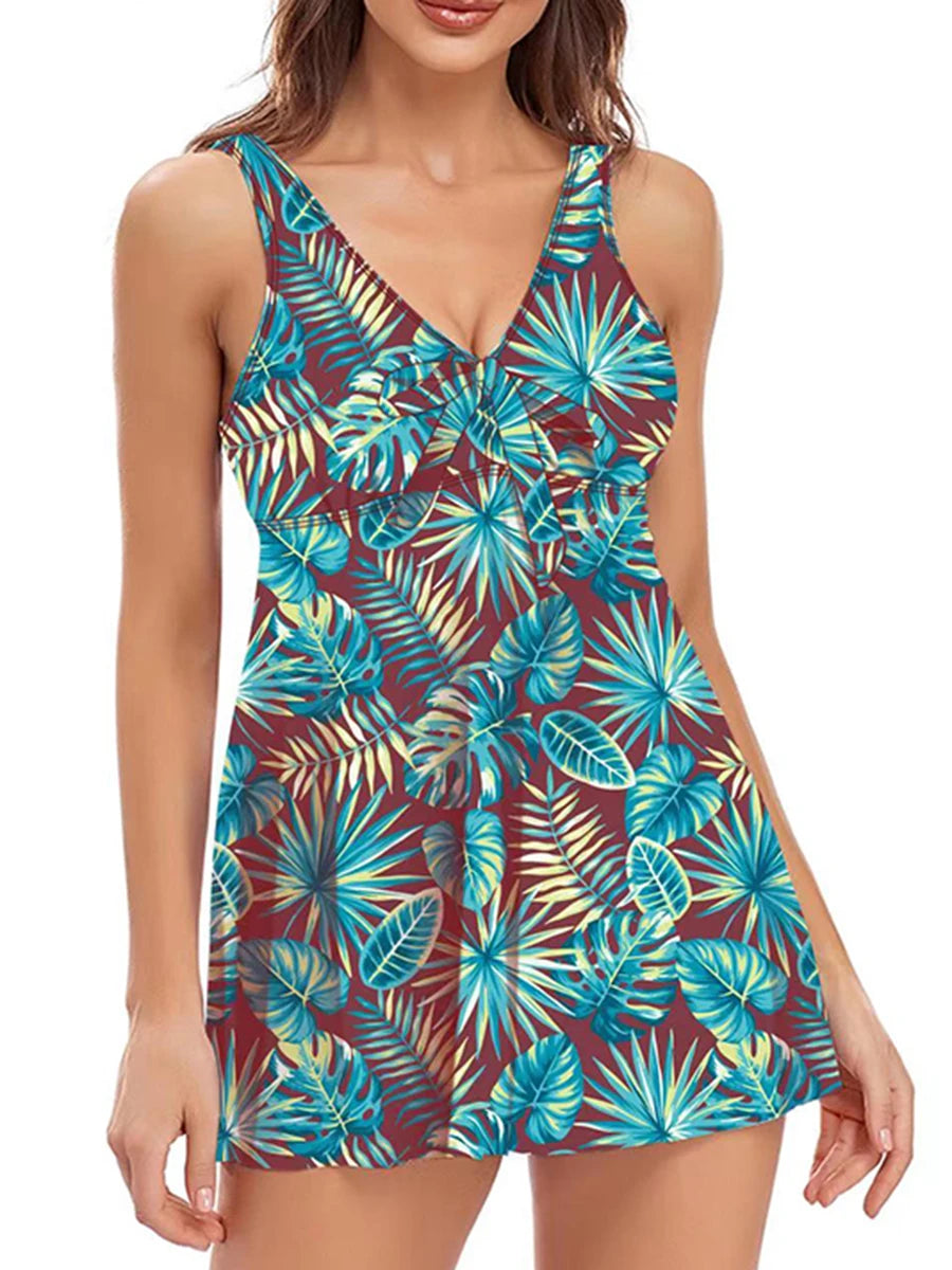 Leaves Printed Tankini Set Two Piece Swimsuit Dress Women Tie Front Swimwear Female Bathing Swimming Suit Beachwear Summer