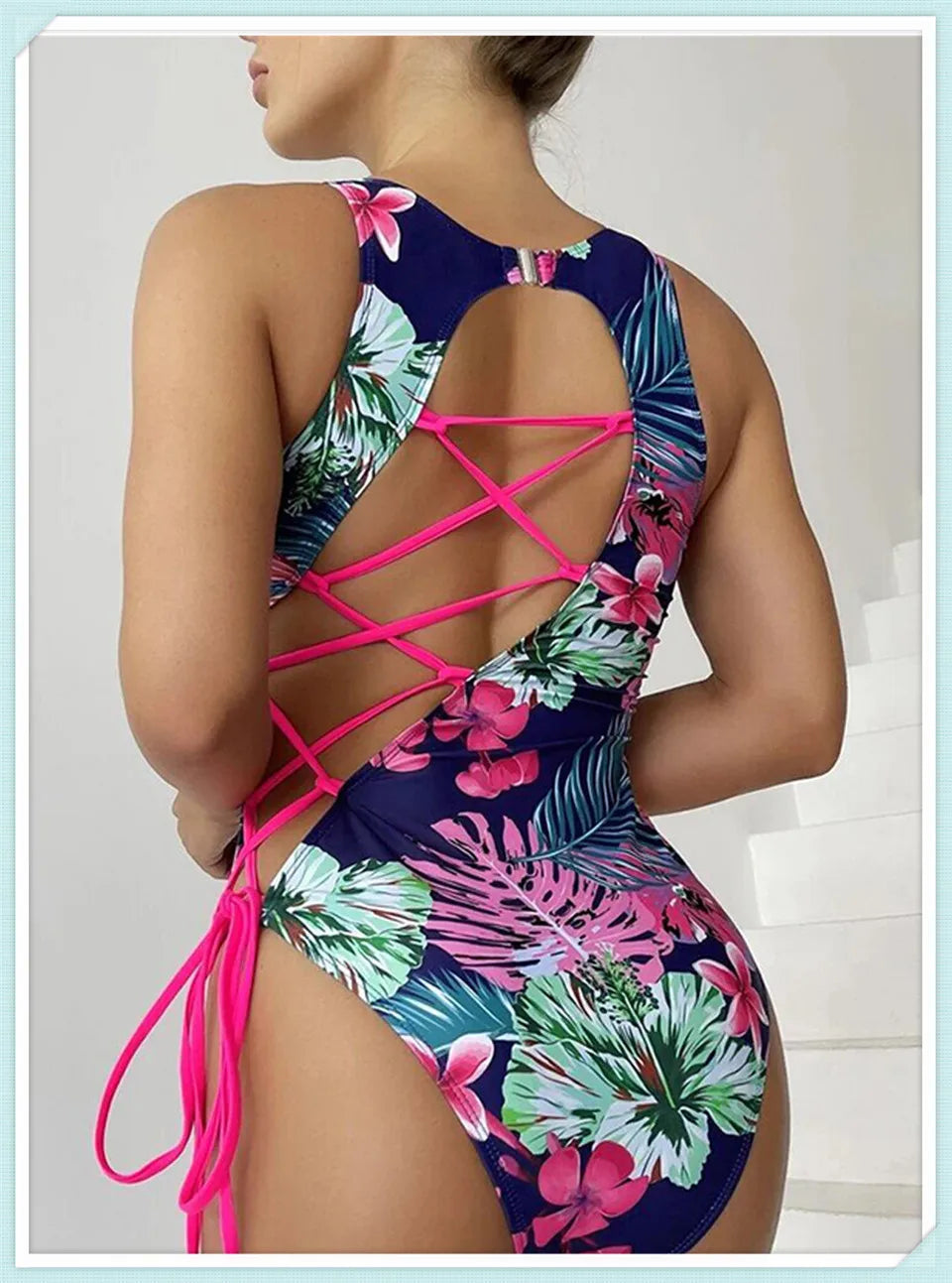 Lace Up Back Swimsuit One Piece Printed Swimwear Women Backless Bathing Swimming Suit Female Padded Beachwear Bodysuit